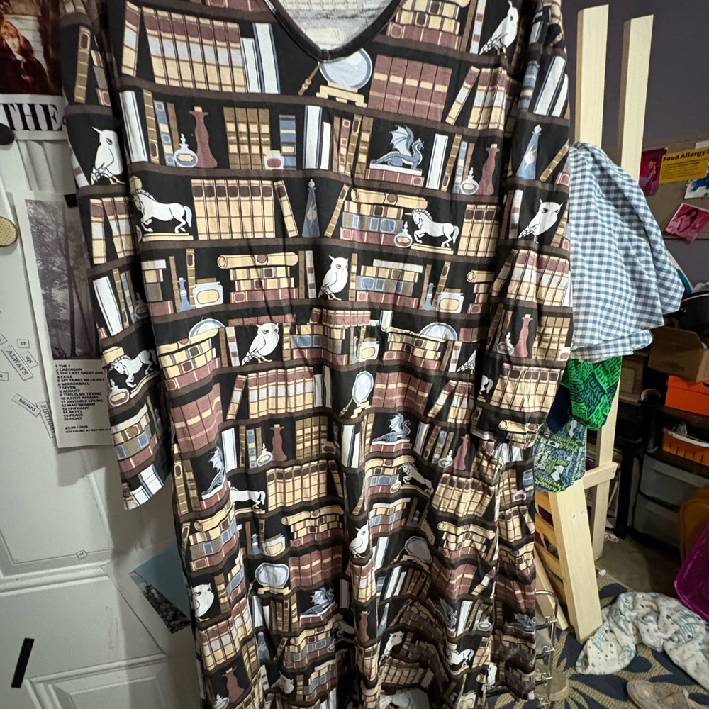 Library Print Brown Midi Dress - Women